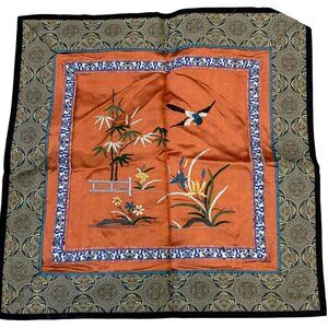Vintage Embroidered Silk Pillow Cover Asian-Inspired Bird Bamboo Design 12x12